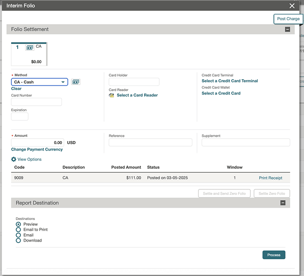 The Interim Folio screen with Folio Settlement and Report Destination sections.