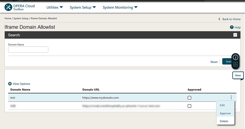 The Iframe Domain Allowlist screen with a record showing Domain Name, Domain URL, and Approved columns.