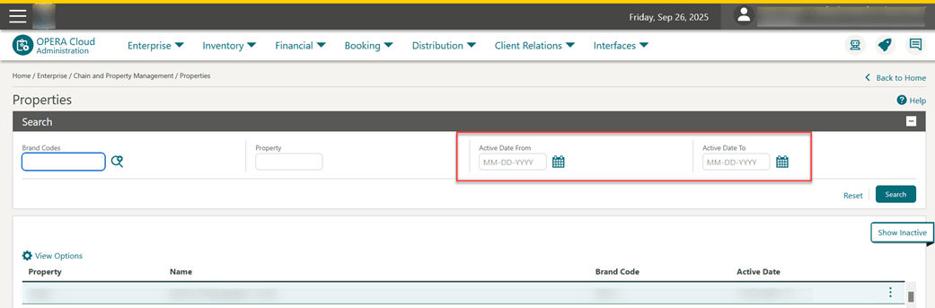 The Properties screen showing the new Active Date From and Active Date To date fields.