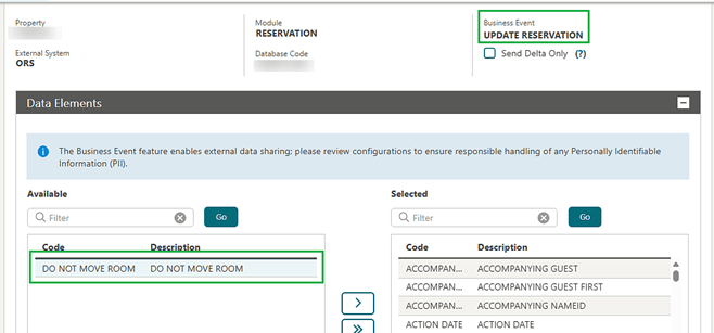 The Business Event as Update Reservation, with the Data Elements shuffle window showing Do Not Move Room.