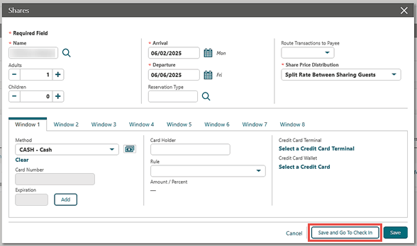 The Shares screen showing the Save and Go To Check In button.