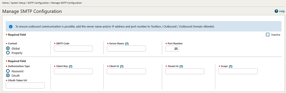 The Manage SMTP Configuration screen showing the OAuth option and OAuth Token Url field.