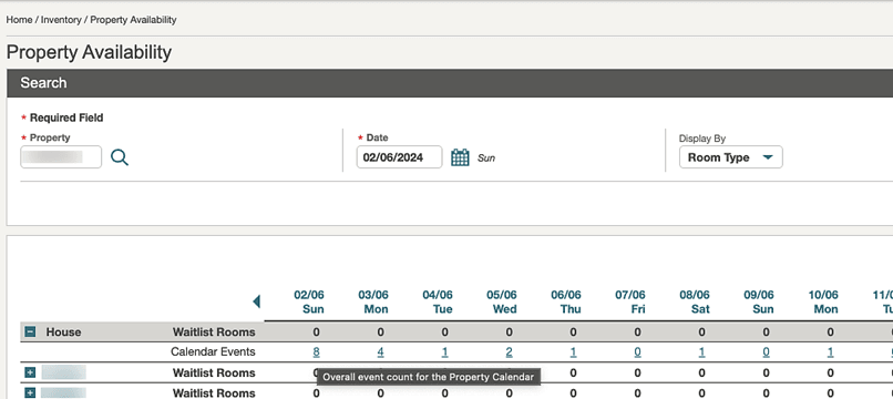 Property Availability calendar events count for House.