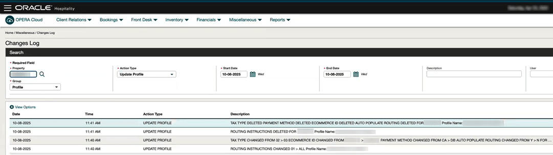 The Changes Log showing action type 'Update Profile'.