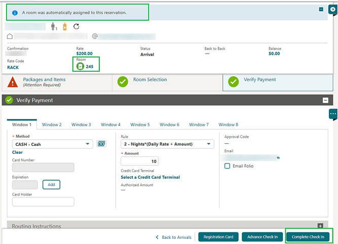 The automatic room assignment message and screen showing the Complete Check In button.