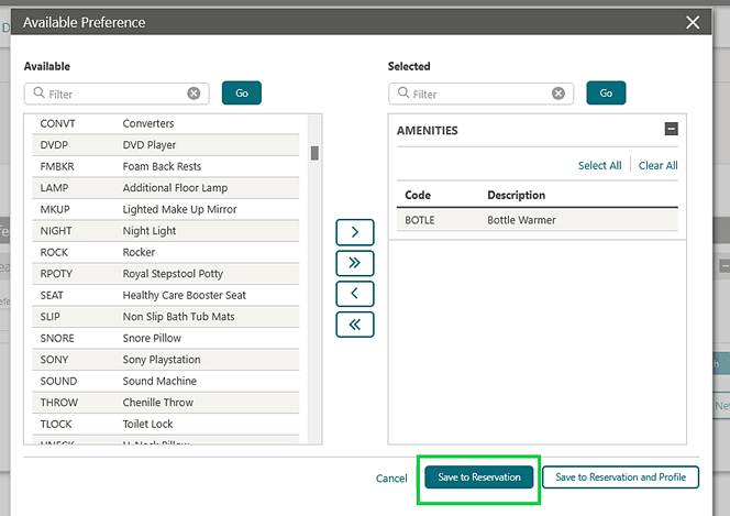 The Available Preference screen showing the Save to Reservation button.