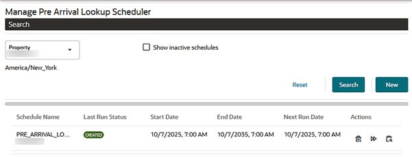 The PreArrival Lookup Scheduler screen showing the schedule name, last run status, and start, end, and next run dates.