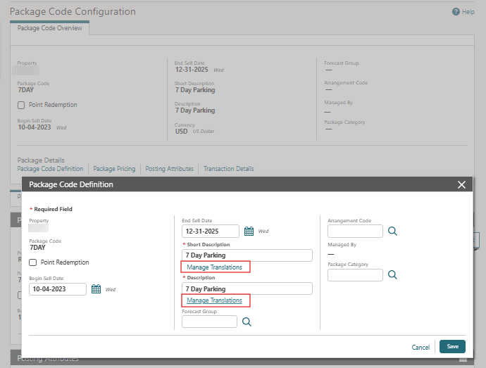 The Manage Translations links under the mandatory Short Description and Description fields.