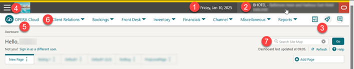 Application navigation function in OPERA Cloud application.