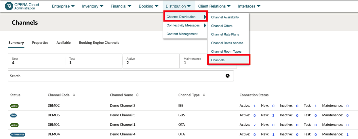 The Channels menu and the Channels screen showing the Summary, Properties, Available, and Booking Engine Channels tabs.