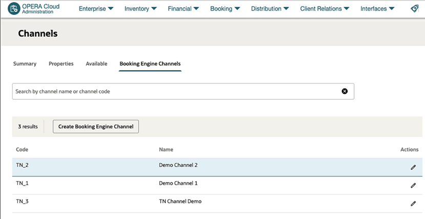 The OPERA Administration Channels screen showing the Booking Engine Channels tab and the Create Booking Engine Channel button.