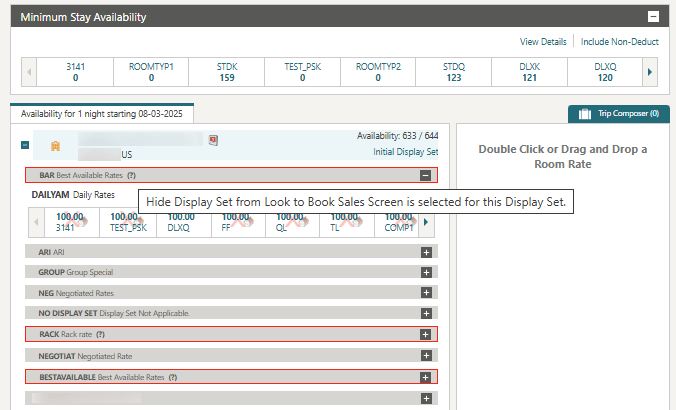 The Look To Book Sales screen showing the BAR, RACK, and BESTAVAILABLE display sets with red borders and hover message.