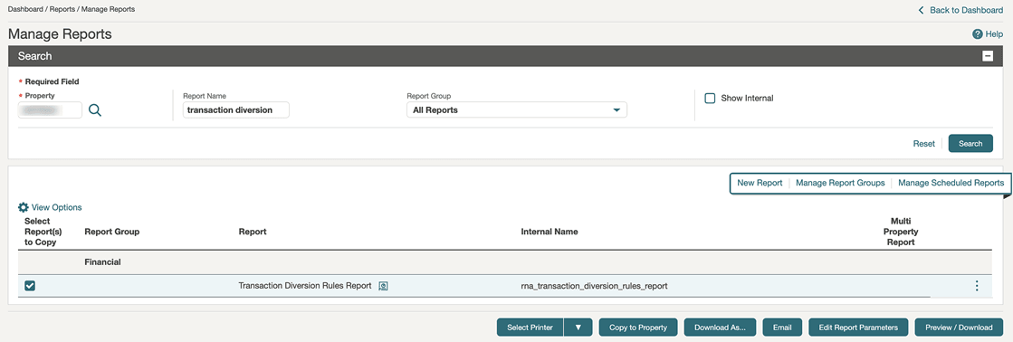 The Manage Reports Search screen showing the Financial Report Group and its Transaction Diversion Rules Report record.
