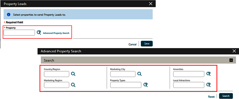The Property Leads screen showing the Advanced Property Search option, and the Advanced Property Search's new filter fields.