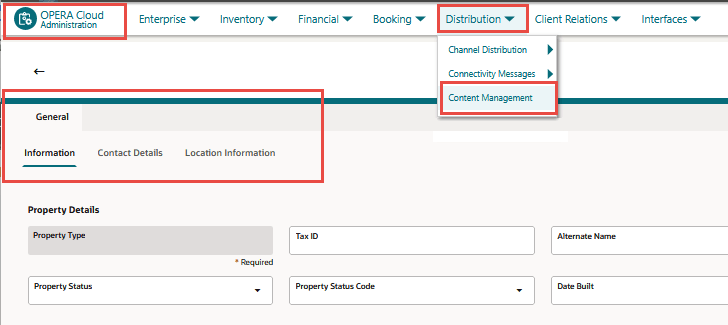 The Content Management menu option under the Distribution menu, showing the Information, Contact Details, and Location Information tabs in the General screen.