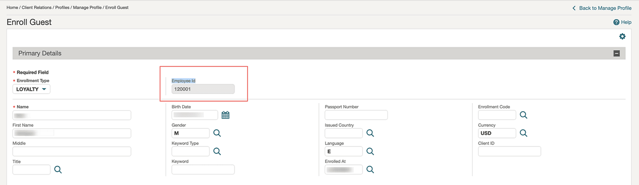 The Enroll Guest screen showing the Employee ID read-only field populated.