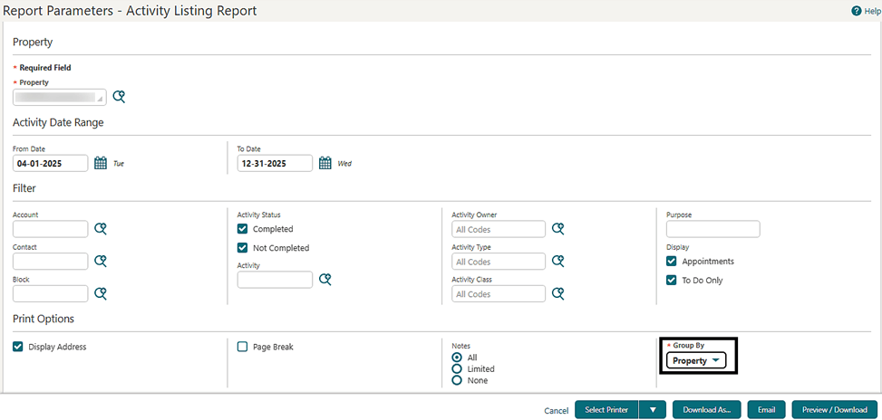 The Activity Listing Report's Report Parameters, showing the Group By Property field.