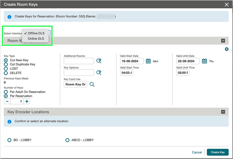The Create Room Keys screen showing interface selection choice list.