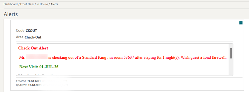 The Alerts banner showing the Check Out Alert.