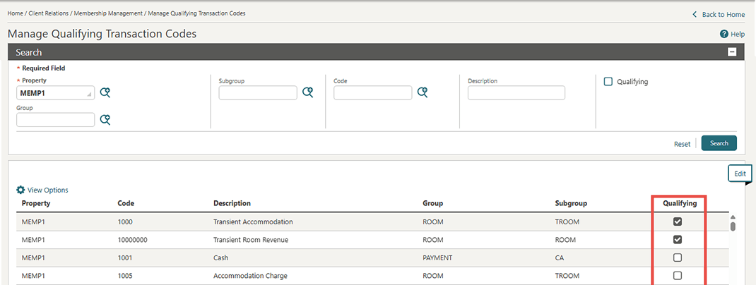 The Manage Qualifying Transaction Codes screen showing the Qualifying filter option and column.