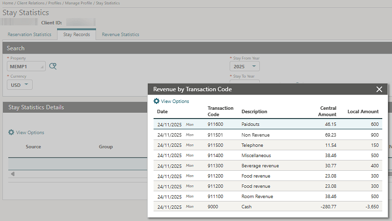 The Stay Statistics Stay Records Revenue by Transaction Code popup screen.