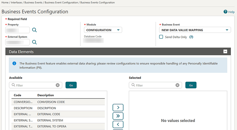 The Business Events Configuration screen showing the New Data Value Mapping Business Event field option.