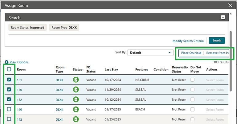 The Assign Room Search showing Place on Hold and Remove from Hold options.