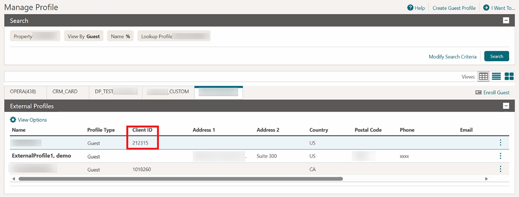 The Manage Profile Search screen showing the Client ID column.