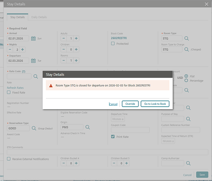 Stay Details screen showing Room Type STQ is closed for departure on 2026-02-03 for Block2602RESTRI.