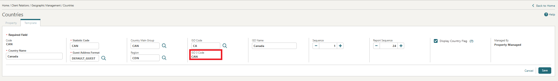 The Countries screen with the ISO 3 code field showing CAN.