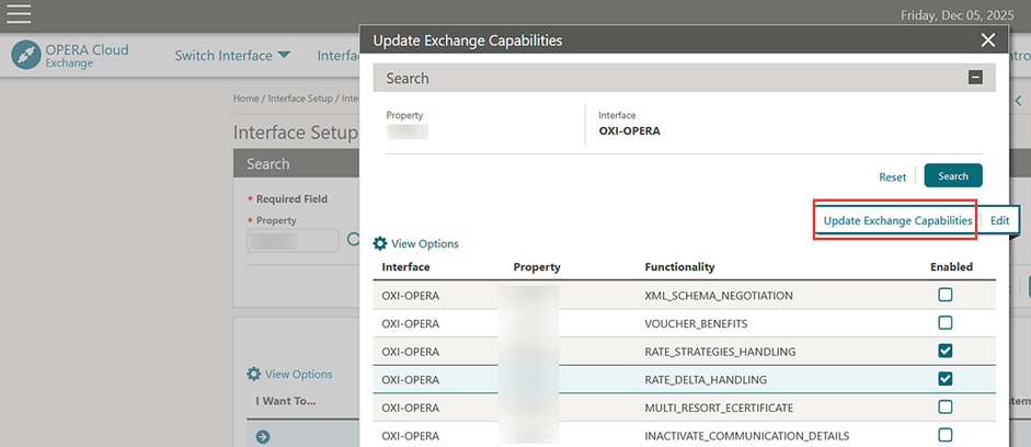 The Update Exchange Capabilities search screen showing the Update Exchange Capabilities option.