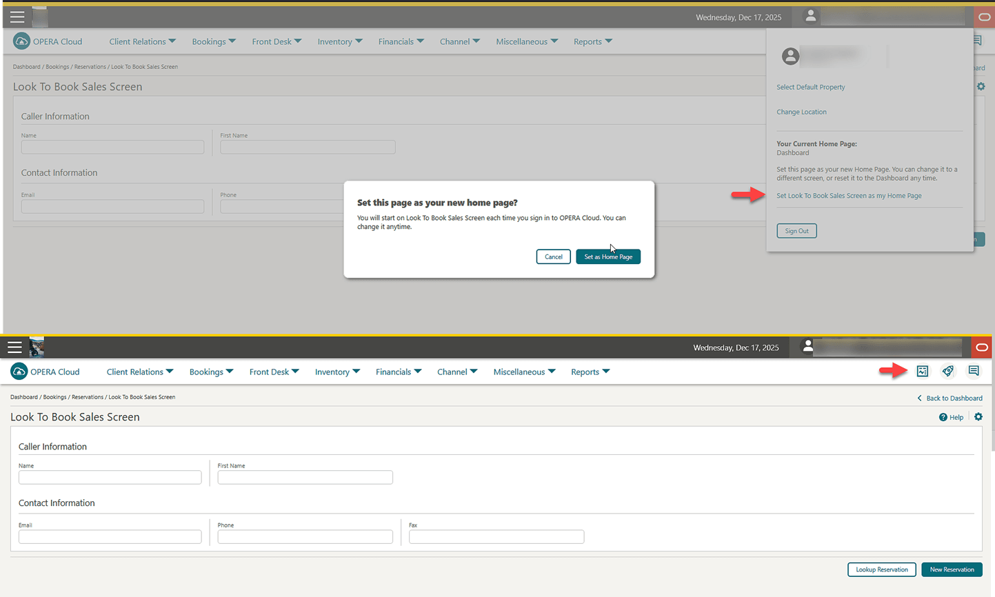 Showing the Look To Book Sales Screen set as the Home Page.