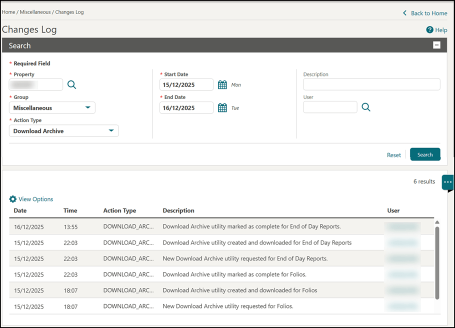 Changes Log Download Archive action type records.