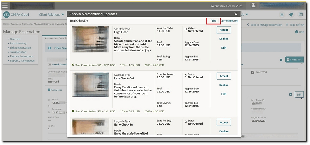 Nor1 Checkin Merchandising Upgrades screen showing the Print option.