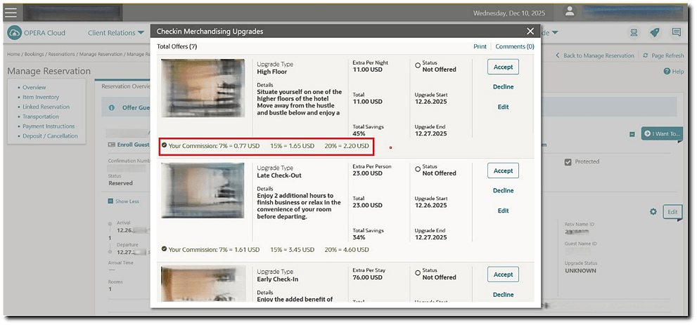 The Nor1 Checkin Merchandising Upgrades screen showing the commission line.