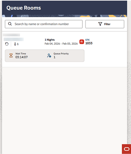 The queue rooms screen showing a queued room with wait time of 03:14:07.