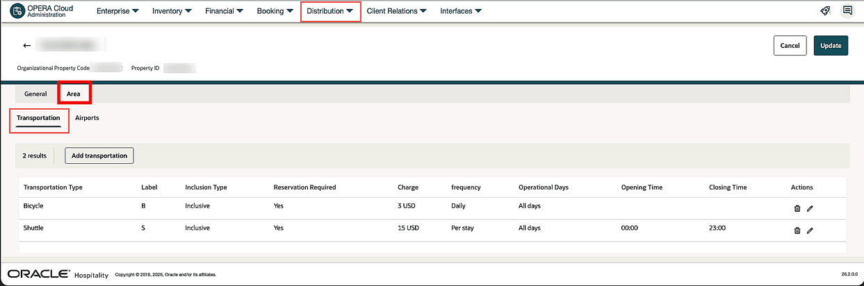 The Transportation screen within the Area tab under Content Management.