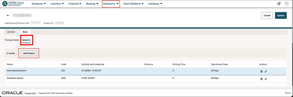 The Airports screen within the Area tab under Content Management.