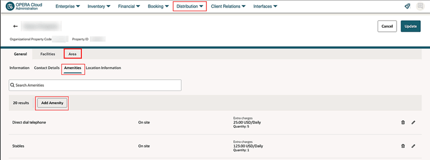The Amenities screem within the Area tab under Content Management.