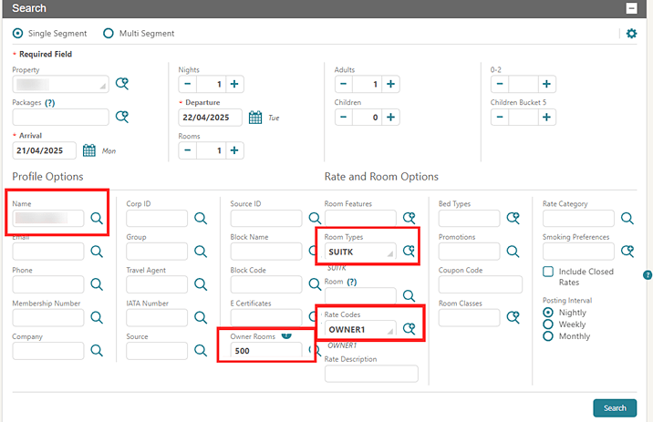 Single Segment booking showing the Rate Codes as Owner1 and Owner Rooms as 500.