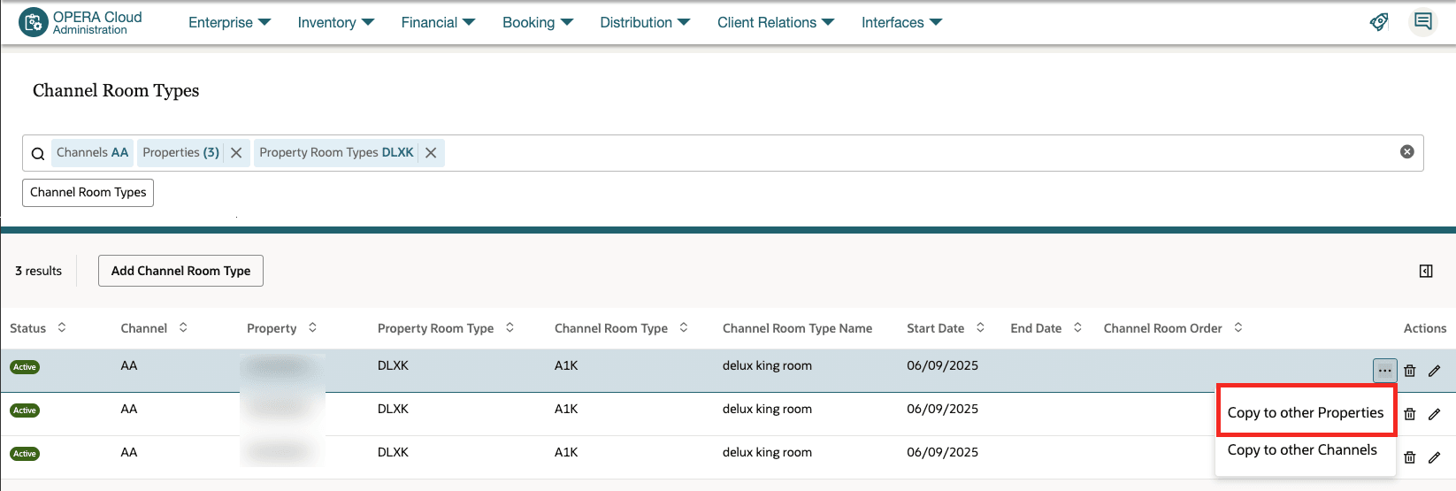 The Channel Room Types screen showing the Copy to other Properties option.