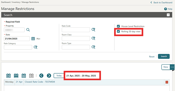 The Manage Restrictions screen showing the Rolling 30 day view option.