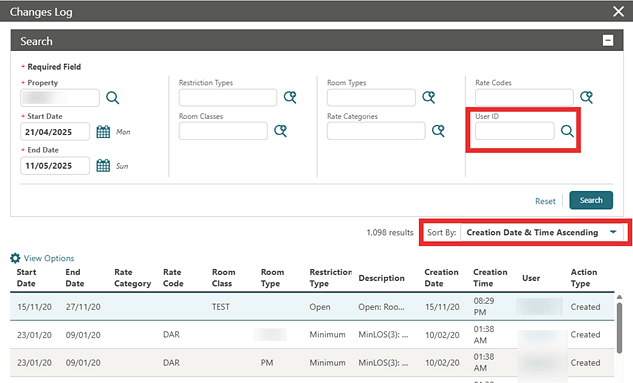 The Changes Log screen showing the User ID and Sort By fields.