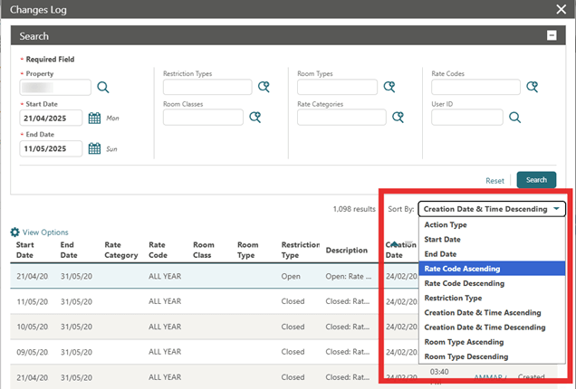 The Changes Log screen showing the Sort By drop-down list.