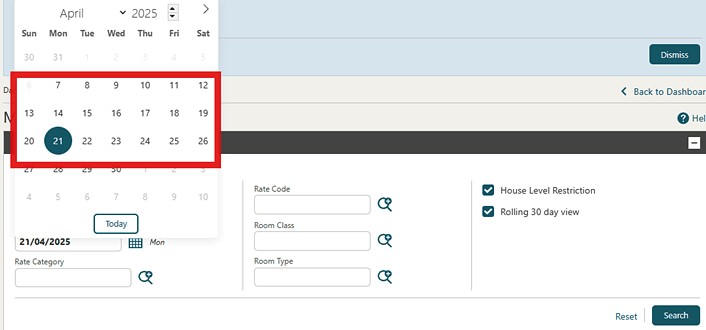 The Manage Restriction screen showing the calendar control showing the past 14 days.