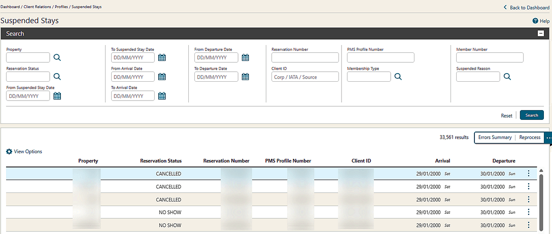 The Suspended Stays screen showing the new filters.