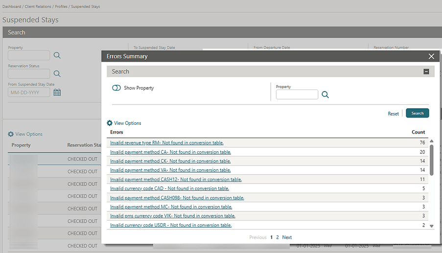 The Suspended Stays Errors Summary screen with hyperlinks to errors and a running count for each.
