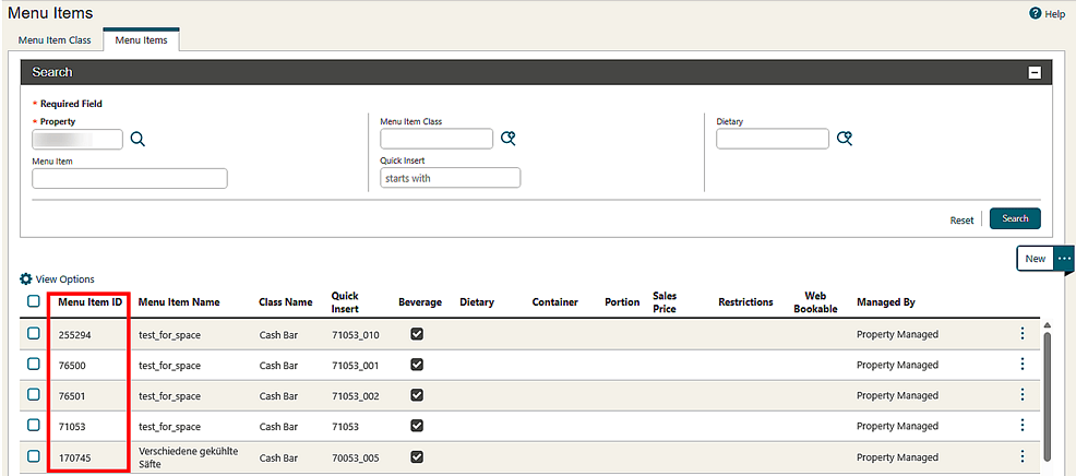 The Menu Items screen showing the Menu Item ID column.