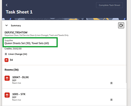 Task Sheet showing Supplies with Queen Sheets Set and Towel Set.