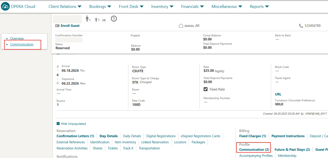 The Communication link in the My Panels section and in the Profile links section of the Reservation screen.